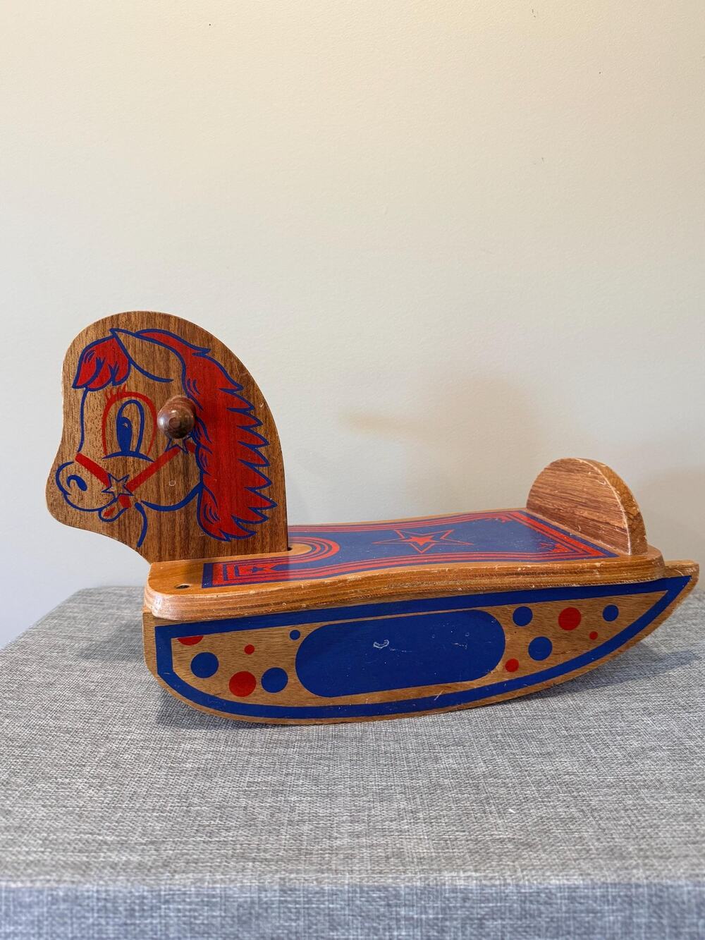 Vintage Wooden Rocking Horse Child Ride On Toy Red Blue Nursery Farmhouse Decor